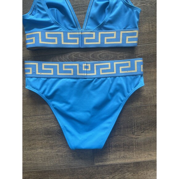 Versace Mediterranean Blue Greca Border High Waist Swimsuit Bikini Set Size 2 - Picture 8 of 13